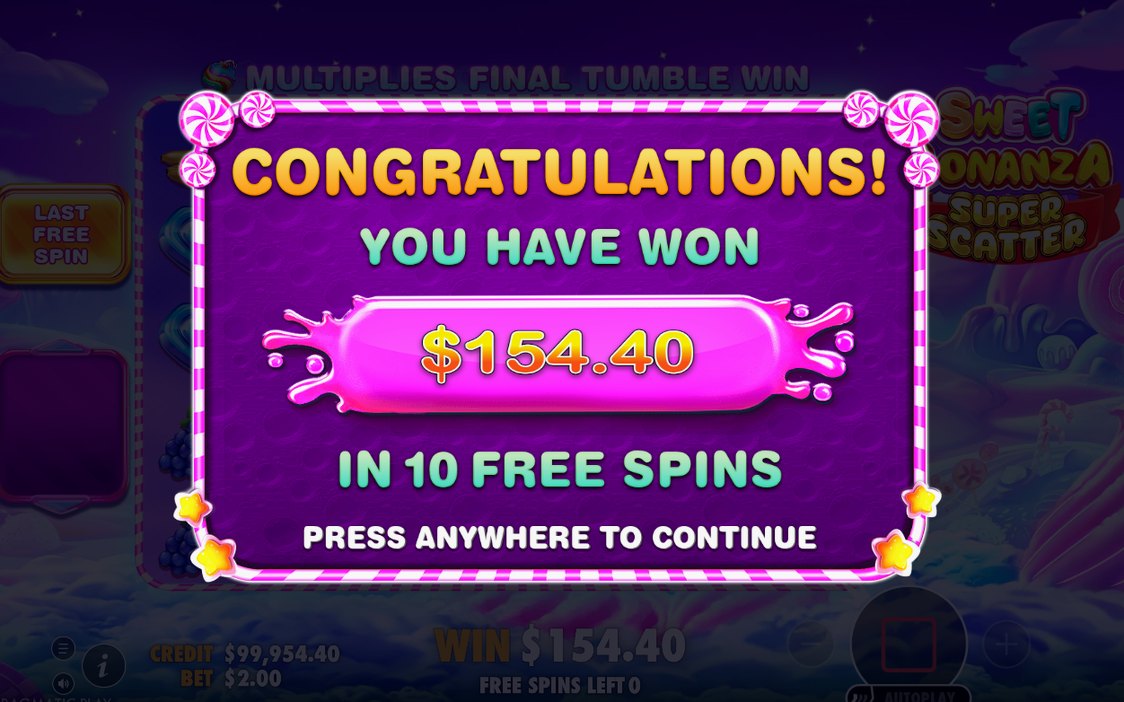 Win screen showing the total tumble win
